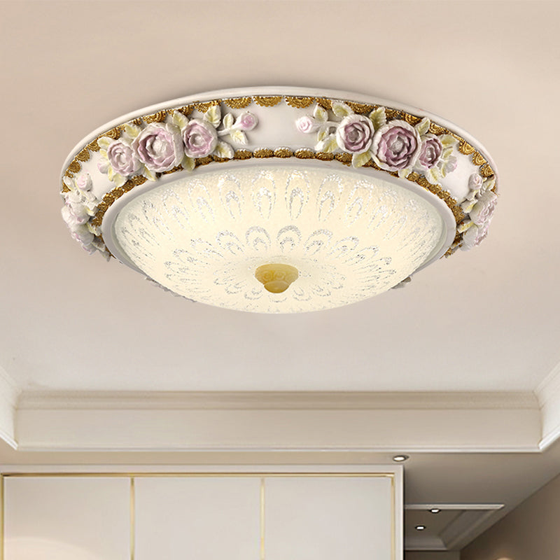 LED Dome Ceiling Lamp with Blossom Accent - White Milky Glass, Flush Mount - Sizes: 12", 16", 19.5