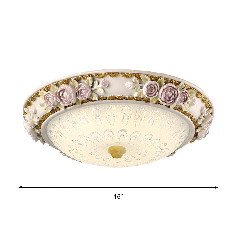 LED Dome Ceiling Lamp with Blossom Accent - White Milky Glass, Flush Mount - Sizes: 12", 16", 19.5