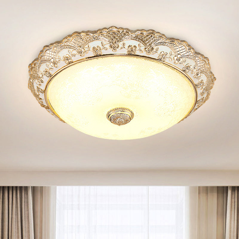 Gold Led Flush Mount Ceiling Light With Traditional Cream Glass Dome Design Perfect For Bedroom