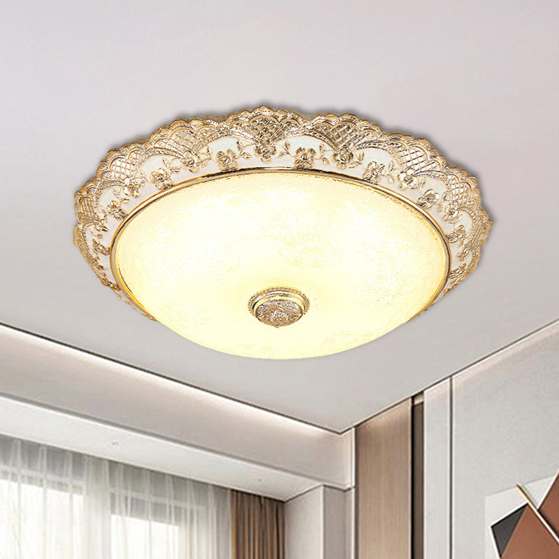 Gold Led Flush Mount Ceiling Light With Traditional Cream Glass Dome Design Perfect For Bedroom