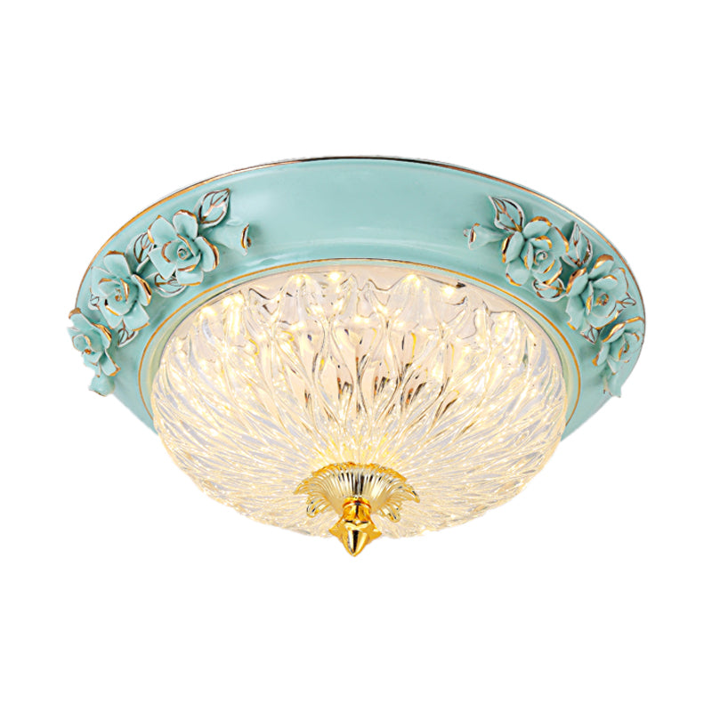 Retro Style Led Flush Ceiling Lamp In Blue For Dining Room - Bowl Up Design Clear Glass 11/15 W