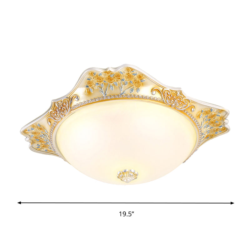 Vintage Yellow Opaline Glass Dome Flush Mount Light With Floral Accent Available In 3 Sizes: 12 16