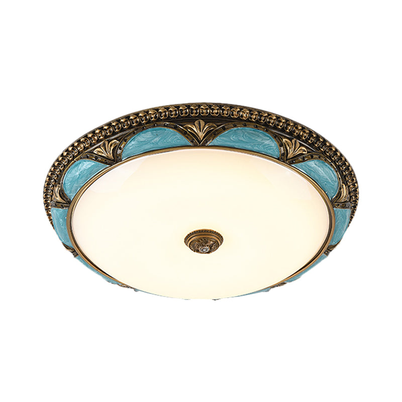 Antique-Style Blue Floral Ceiling Lamp - Cream Glass Led Bedroom Flush Mount