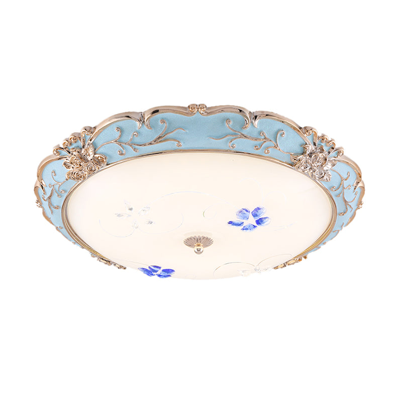 Vintage Led Flush Mount Light With Floral Shade And Opaque Glass - 13/16/19.5 Wide Blue Color