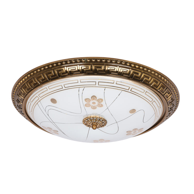 Antiqued Bowl Shade Glass Flush Mount Lamp In Gold With Led 12.5/15/19 Width And Warm/White Light