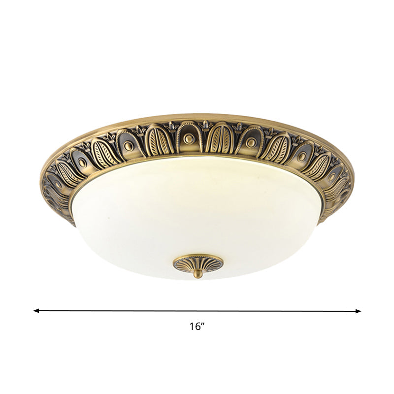 Led Dome Ceiling Lamp Fixture - Wide Antiqued Brass Finish With Opal Glass Flushmount Lighting