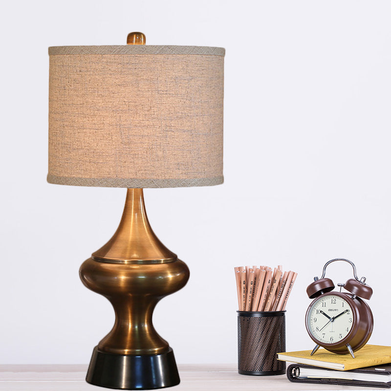 Vintage Style Bronze/Nickel Drum Shaped Desk Light With Fabric Shade - Ideal Guest Room Night Table