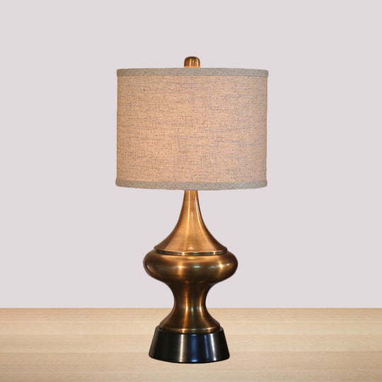 Vintage Style Bronze/Nickel Drum Shaped Desk Light With Fabric Shade - Ideal Guest Room Night Table