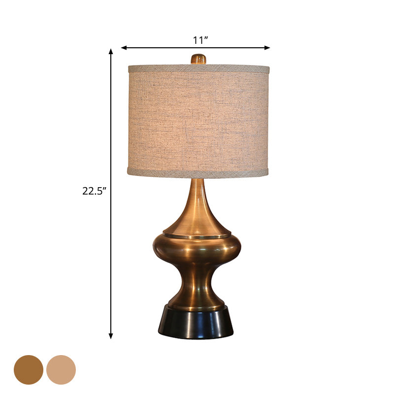 Vintage Style Bronze/Nickel Drum Shaped Desk Light With Fabric Shade - Ideal Guest Room Night Table