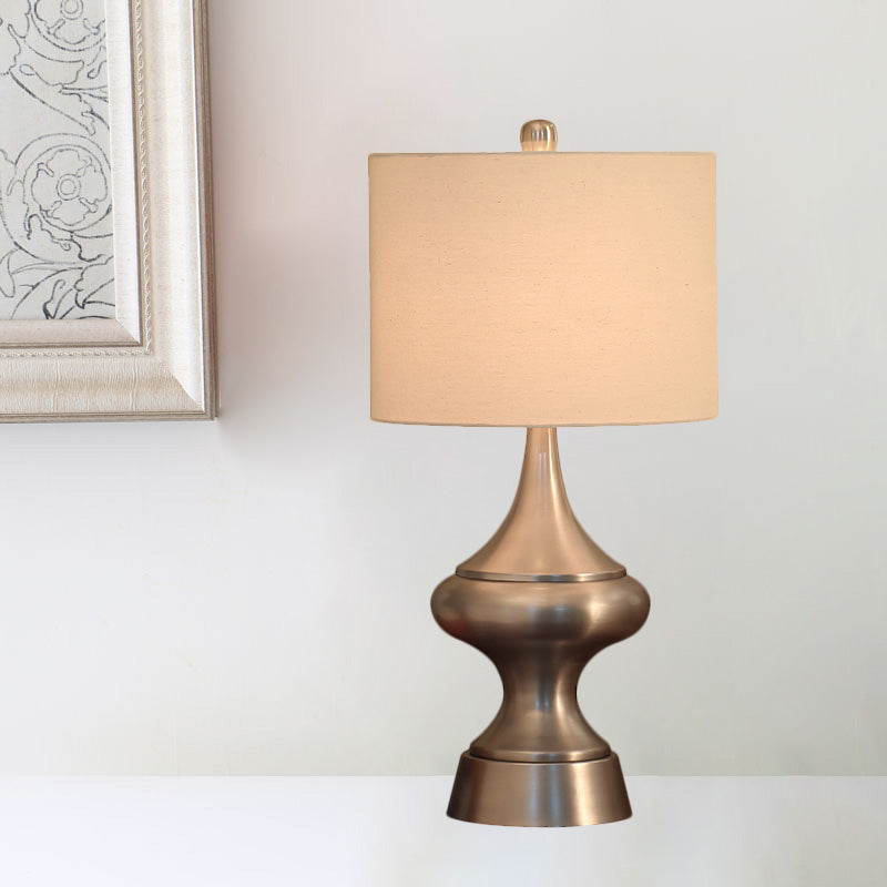 Vintage Style Bronze/Nickel Drum Shaped Desk Light With Fabric Shade - Ideal Guest Room Night Table