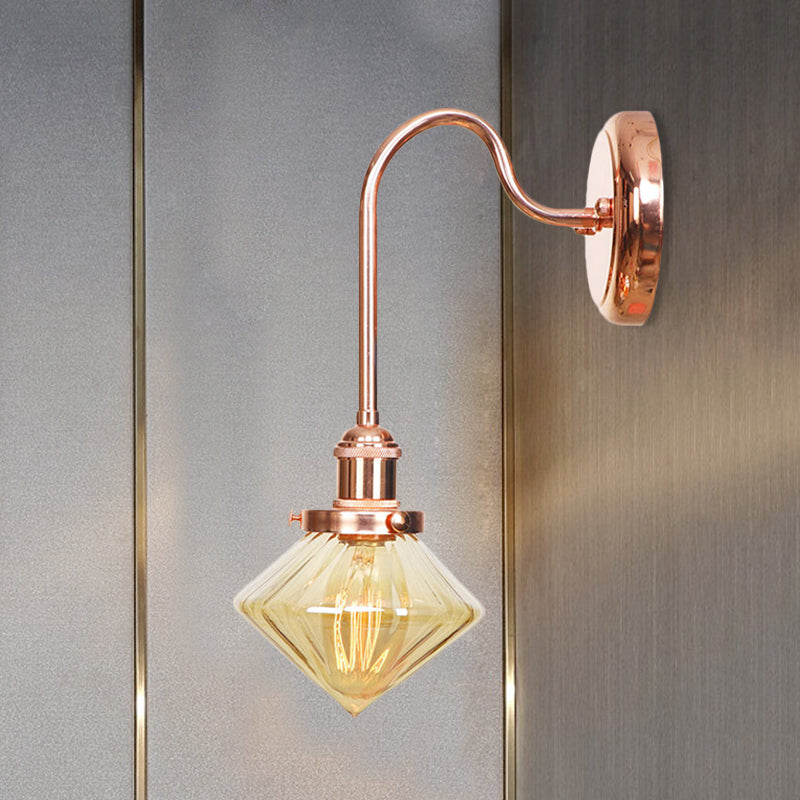 Clear/Amber Glass Copper Diamond Sconce Light - Farmhouse Wall Fixture For Bedroom