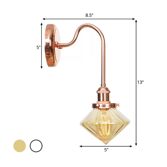 Clear/Amber Glass Copper Diamond Sconce Light - Farmhouse Wall Fixture For Bedroom