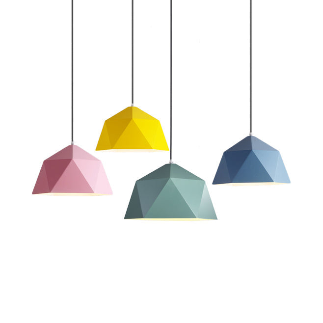 Macaron Style Polyhedral Pendant Light: Metallic Hanging Lamp For Cloth Shop