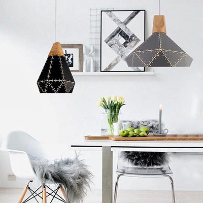 Diamond Shape Pendant Light - Metallic Black/Grey/White Modern Monochrome 1-Light Hanging Lamp For