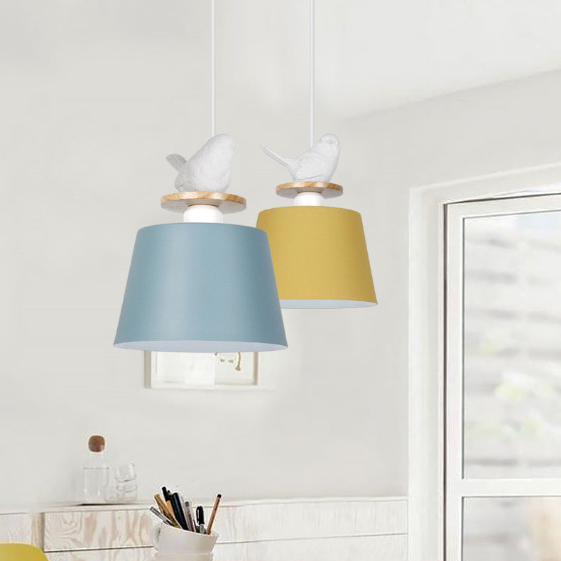 Macaron Pendant Light with Bird Deco for Kid's Bedroom - Aluminum Shade, 1 Bulb Hanging Lamp