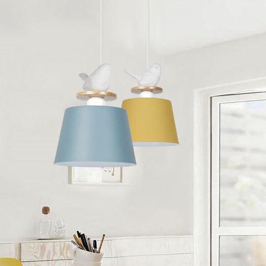 Macaron Pendant Light with Bird Deco for Kid's Bedroom - Aluminum Shade, 1 Bulb Hanging Lamp