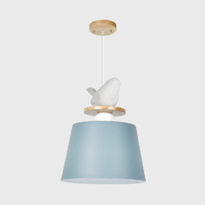 Macaron Pendant Light with Bird Deco for Kid's Bedroom - Aluminum Shade, 1 Bulb Hanging Lamp