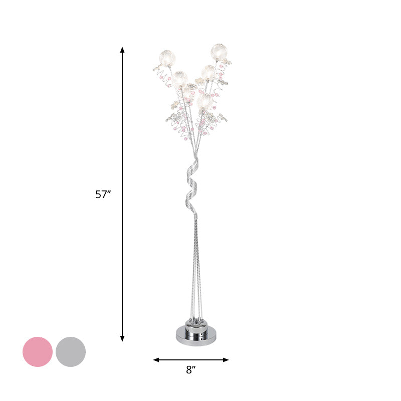 Aluminum Tree Shaped Led Floor Reading Lamp With Orb Detail In Pink/Silver Warm/White Light -