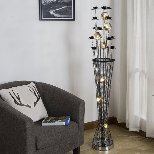 Aluminum Led Standing Lamp- Black-Silver Decorative Tapered Design For Reading With Bloom And Ball