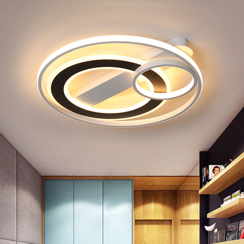 Halo Ring Modern Black-White Led Ceiling Lamp Fixture - Metallic Flush Lighting In Warm/White Light