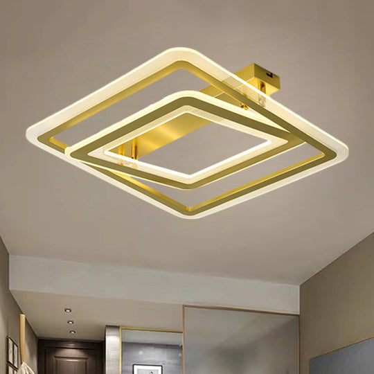 Square Frame Flush Mount Lamp, Simple Metal LED Bedroom Light in Gold - 16"/19.5