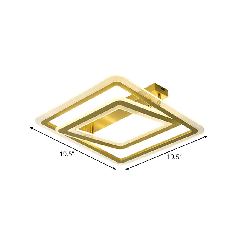 Square Frame Flush Mount Lamp, Simple Metal LED Bedroom Light in Gold - 16"/19.5