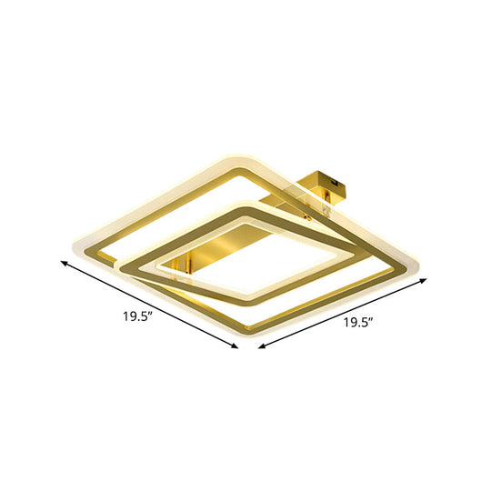 Square Frame Flush Mount Lamp, Simple Metal LED Bedroom Light in Gold - 16"/19.5