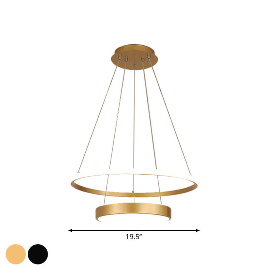 Iron 2-Tier Tiffany Ceiling Lamp - Circular Black/Gold Led Chandelier For Dining Room Warm/White