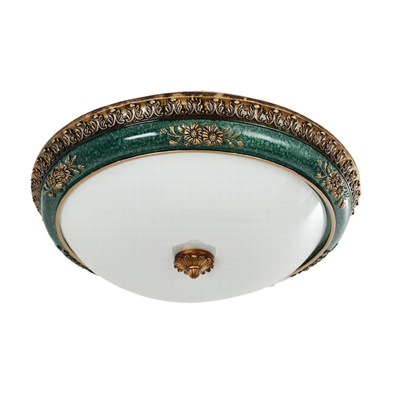 Green Led Flush Ceiling Light Fixture With Retro Opal Glass Bowl - Ideal For Bedroom Sizes: