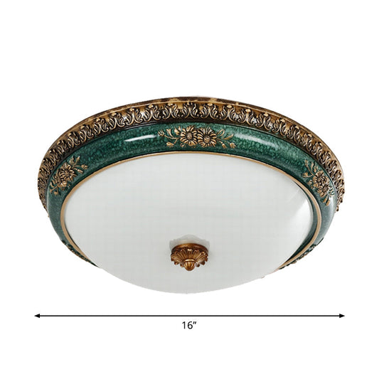 Green Led Flush Ceiling Light Fixture With Retro Opal Glass Bowl - Ideal For Bedroom Sizes: