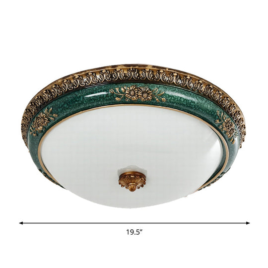 Green Led Flush Ceiling Light Fixture With Retro Opal Glass Bowl - Ideal For Bedroom Sizes: