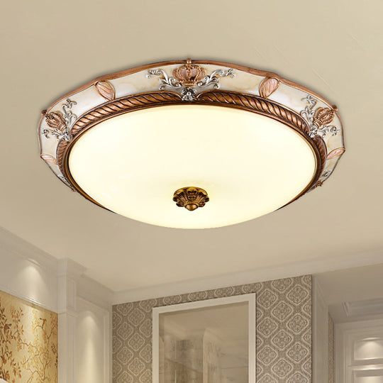 Antiqued Milk Glass LED Flushmount Lamp for Living Room, Brown Cap Shape Ceiling Fixture - 14"/16"/19.5" Wide