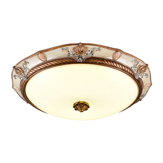 Antiqued Milk Glass LED Flushmount Lamp for Living Room, Brown Cap Shape Ceiling Fixture - 14"/16"/19.5" Wide