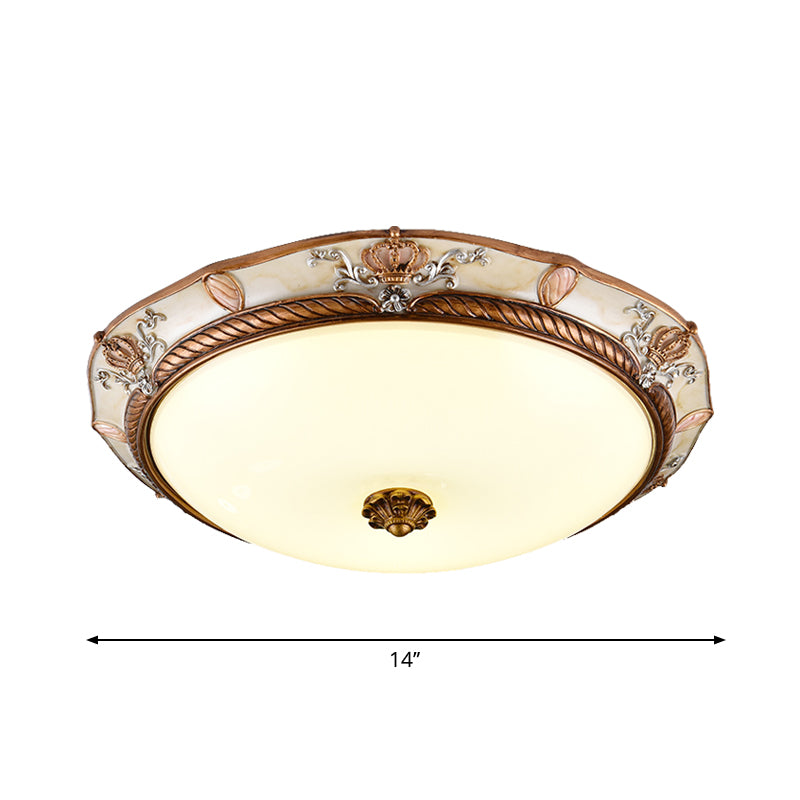 Antiqued Milk Glass LED Flushmount Lamp for Living Room, Brown Cap Shape Ceiling Fixture - 14"/16"/19.5" Wide