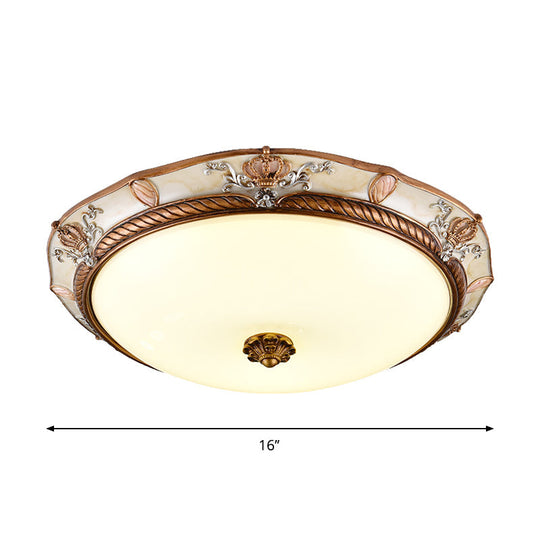 Antiqued Milk Glass Led Flushmount Lamp For Living Room Brown Cap Shape Ceiling Fixture - 14/16/19.5