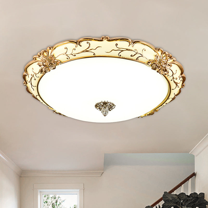 Vintage Brass Scroll Floral Trim Opal Glass Flushmount Led Ceiling Light For Bedroom - 14/16/19.5