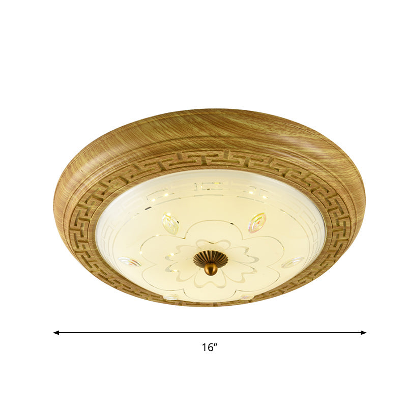 Simple Wooden Led Flushmount Ceiling Light With Dome Glass Shade - Yellow-Brown Circle 14/19.5 W