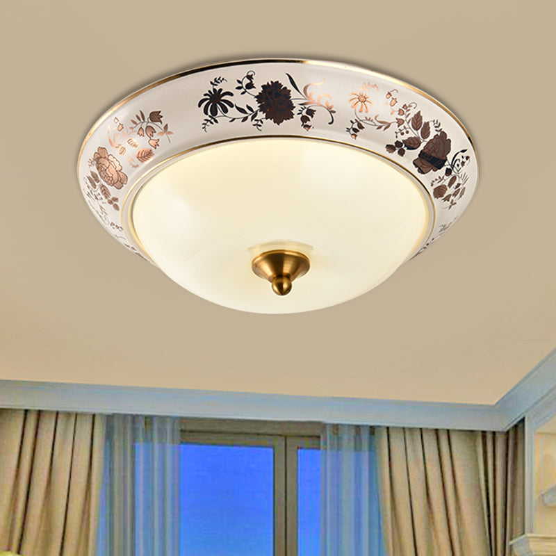 Retro Frosted Glass LED Ceiling Fixture - Hemisphere Hall, White Flush Mount Light - 12"/14"/18" Width