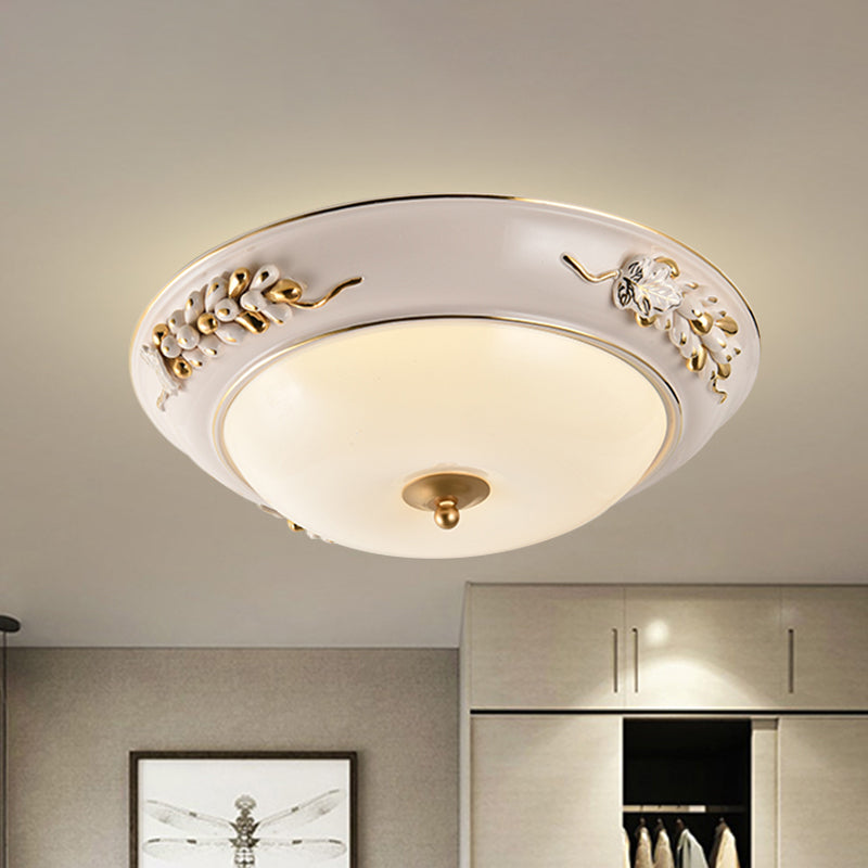 Classic White LED Flush Ceiling Light Fixture with Opal Glass Bowl - Embossed Spikelet Décor, 12"/14"/18" Width