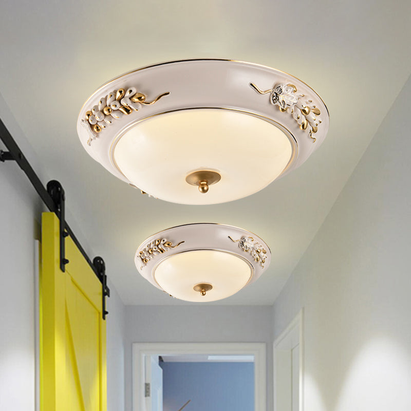 Classic White Led Flush Ceiling Light Fixture With Opal Glass Bowl - Embossed Spikelet Décor