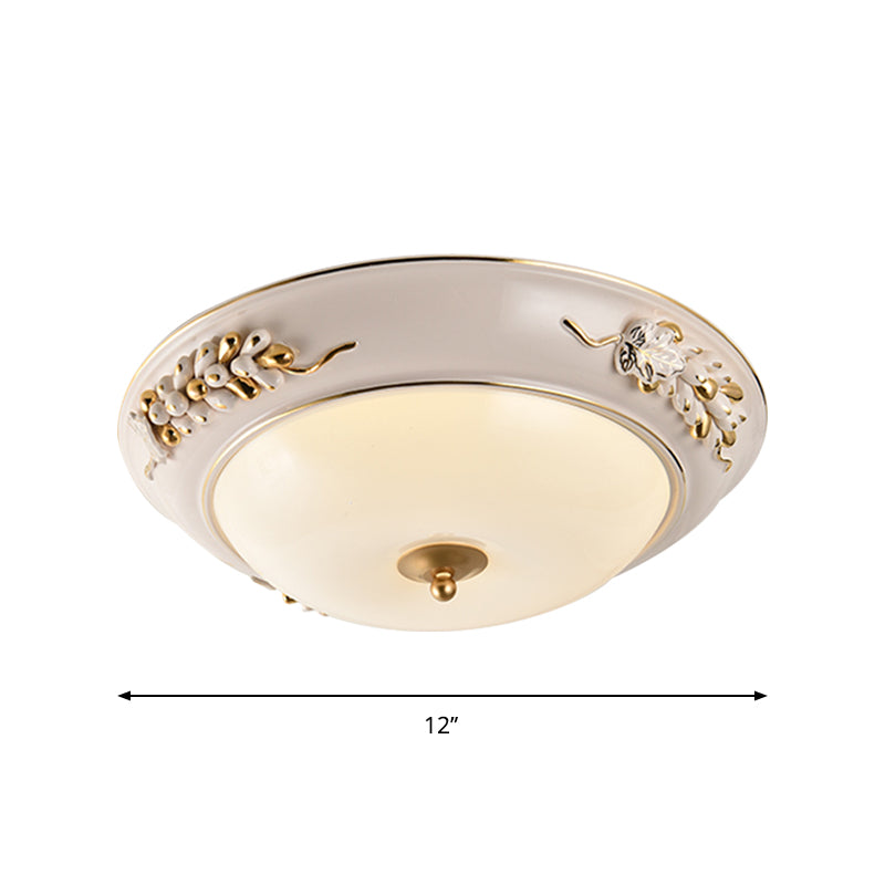 Classic White LED Flush Ceiling Light Fixture with Opal Glass Bowl - Embossed Spikelet Décor, 12"/14"/18" Width