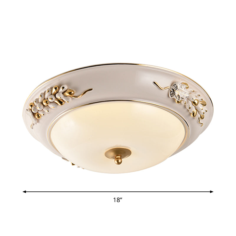 Classic White LED Flush Ceiling Light Fixture with Opal Glass Bowl - Embossed Spikelet Décor, 12"/14"/18" Width