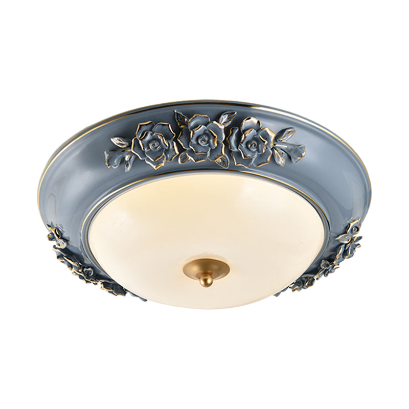 Ceramic Carved Rose Led Ceiling Lamp In Blue With White Glass Shade - Available 12/14/18 For Rural &