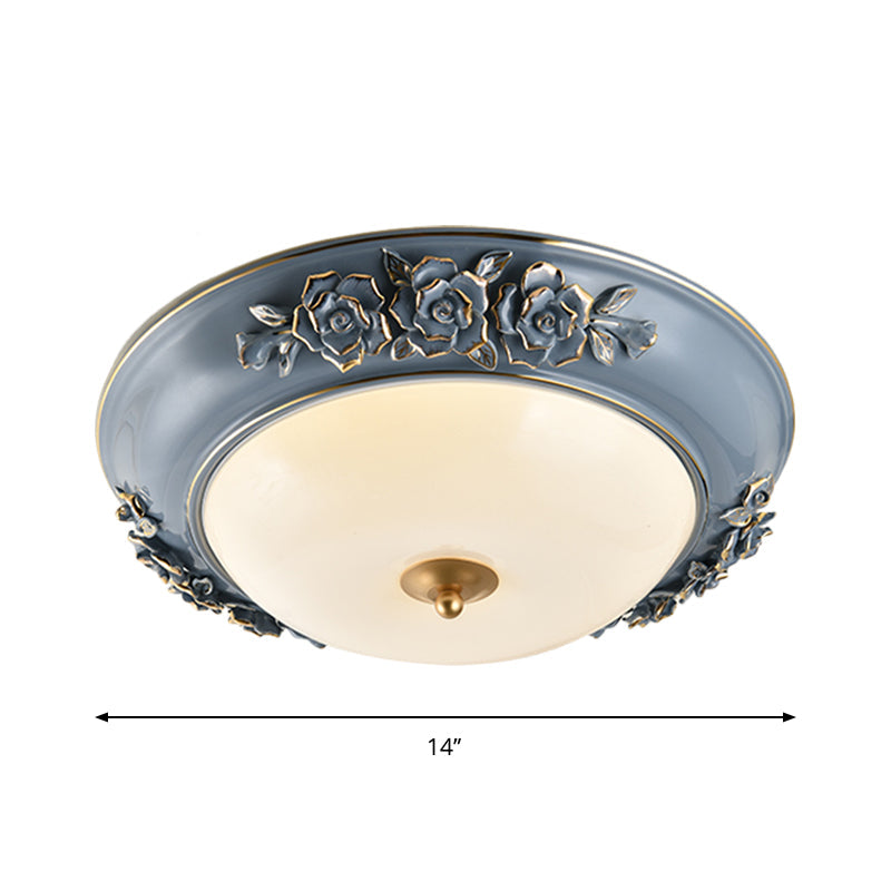 Ceramic Carved Rose LED Ceiling Lamp in Blue with White Glass Shade - Available in 12"/14"/18" for Rural & Bedroom Use