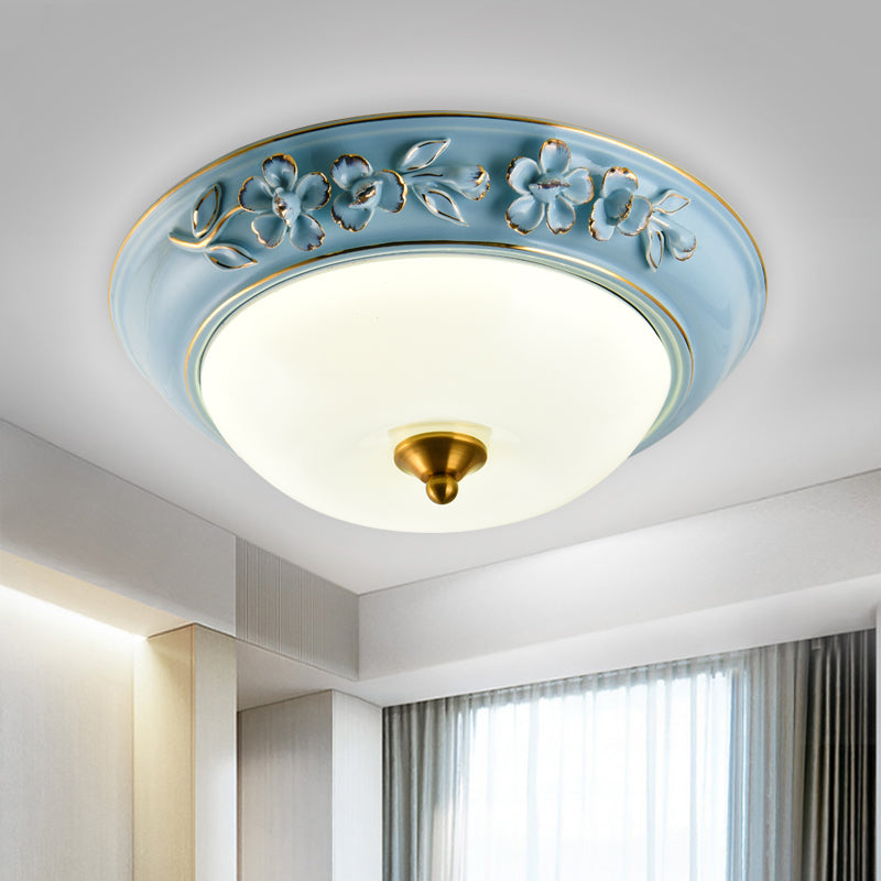 Blue LED Flushmount Ceramic Flower Ceiling Light with Lampshade - 12"/14"/18" W