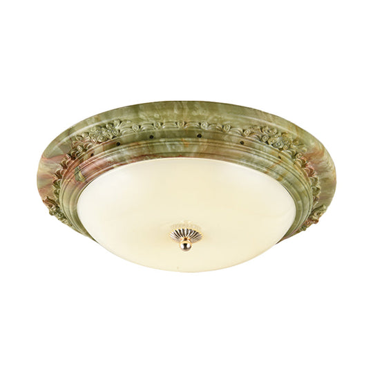 Country Milk Glass LED Ceiling Mount Light, Green Dome Design, Bedroom Flush Mount Lighting - 14"/16"/19.5" Width