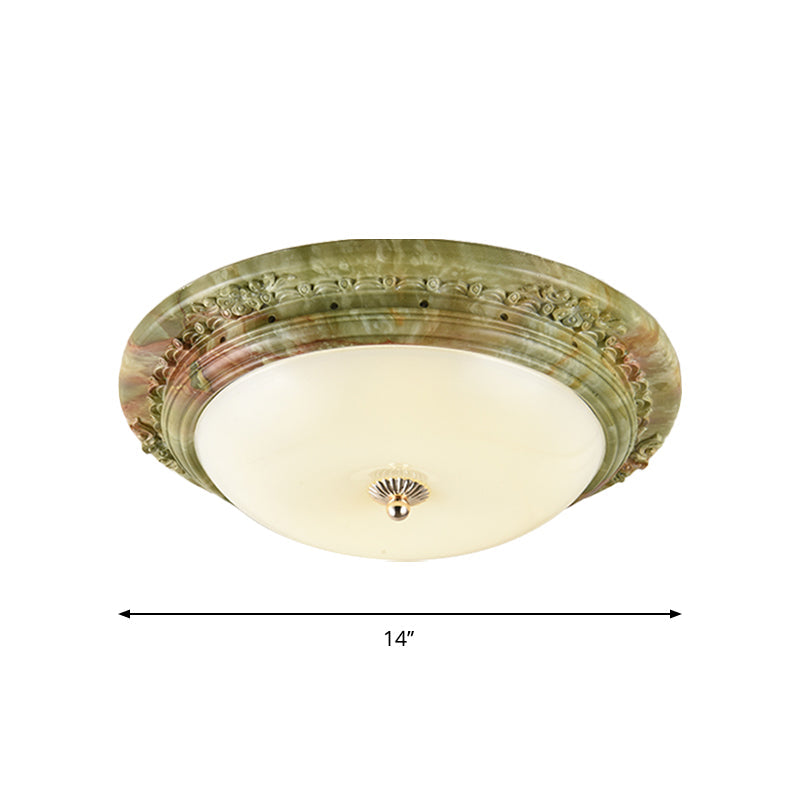 Country Milk Glass LED Ceiling Mount Light, Green Dome Design, Bedroom Flush Mount Lighting - 14"/16"/19.5" Width