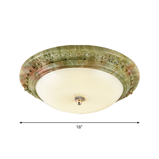 Country Milk Glass LED Ceiling Mount Light, Green Dome Design, Bedroom Flush Mount Lighting - 14"/16"/19.5" Width