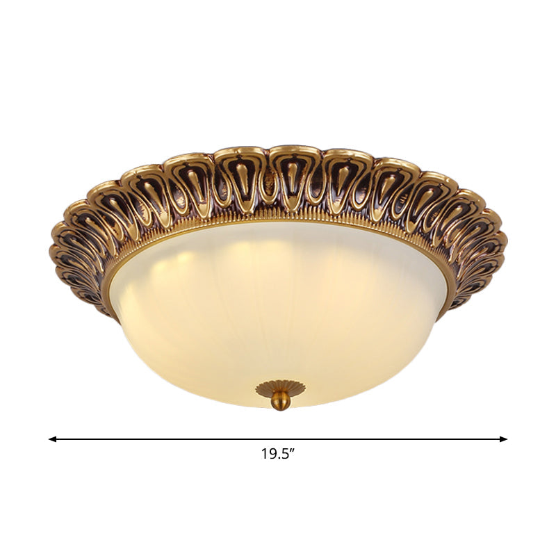 Vintage Milk Glass Ceiling Light - Hemispherical Design Brass Finish 3-Light Flush Mount For Bedroom