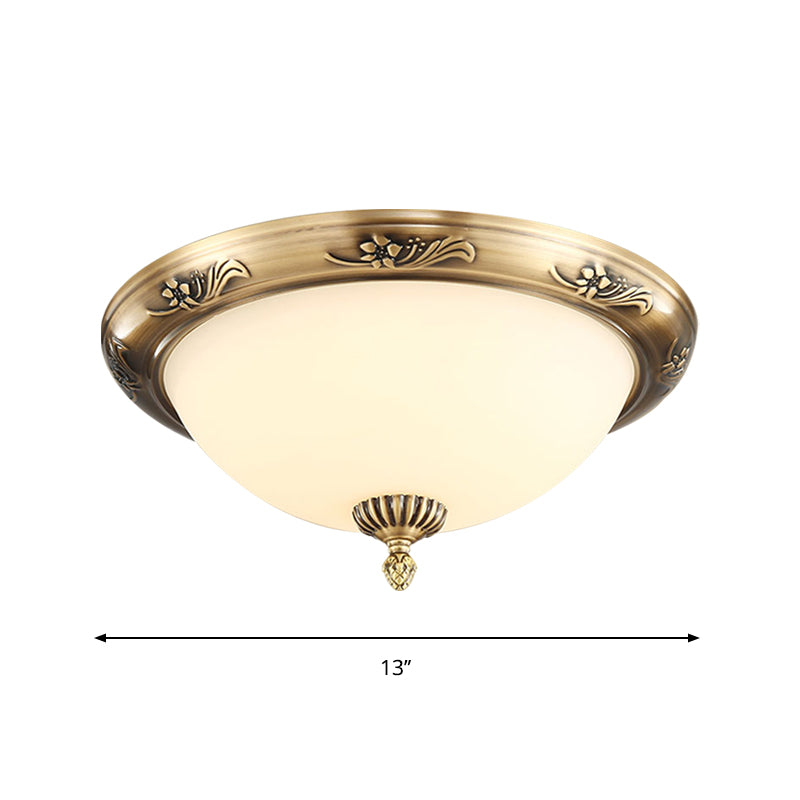 Hemisphere Flush Ceiling Light Brass Finish 2-Bulb Milky Glass Office Lighting 13/15/19.5 Dia